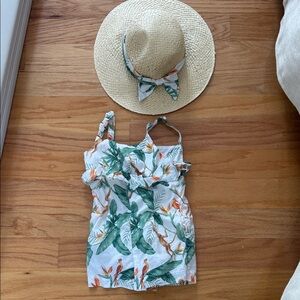 Janie and Jack Leafy Print romper with matching sun hat with Orange Accents